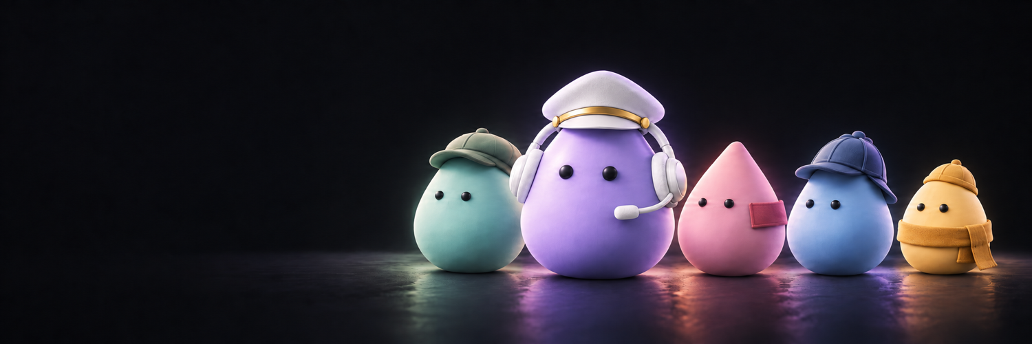 ヘッドセットをつけた紫のキャラクターと、色とりどりの仲間たち